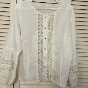 Women's Cream Lace-Trim Button Front Top